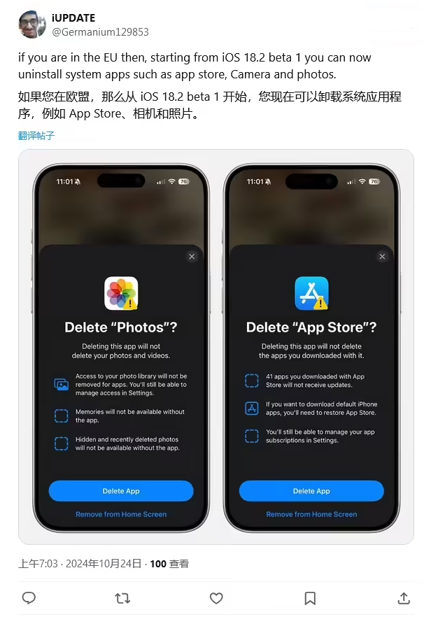 城区苹果手机维修分享iOS 18.2 支持删除 App Store 应用商店 