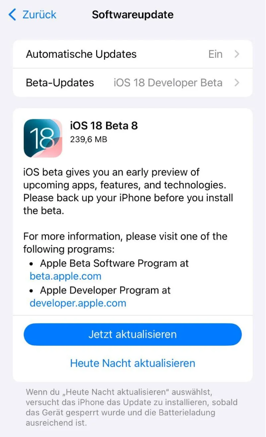 城区苹果手机维修分享苹果 iOS / iPadOS 18 开发者预览版 Beta 8 发布 